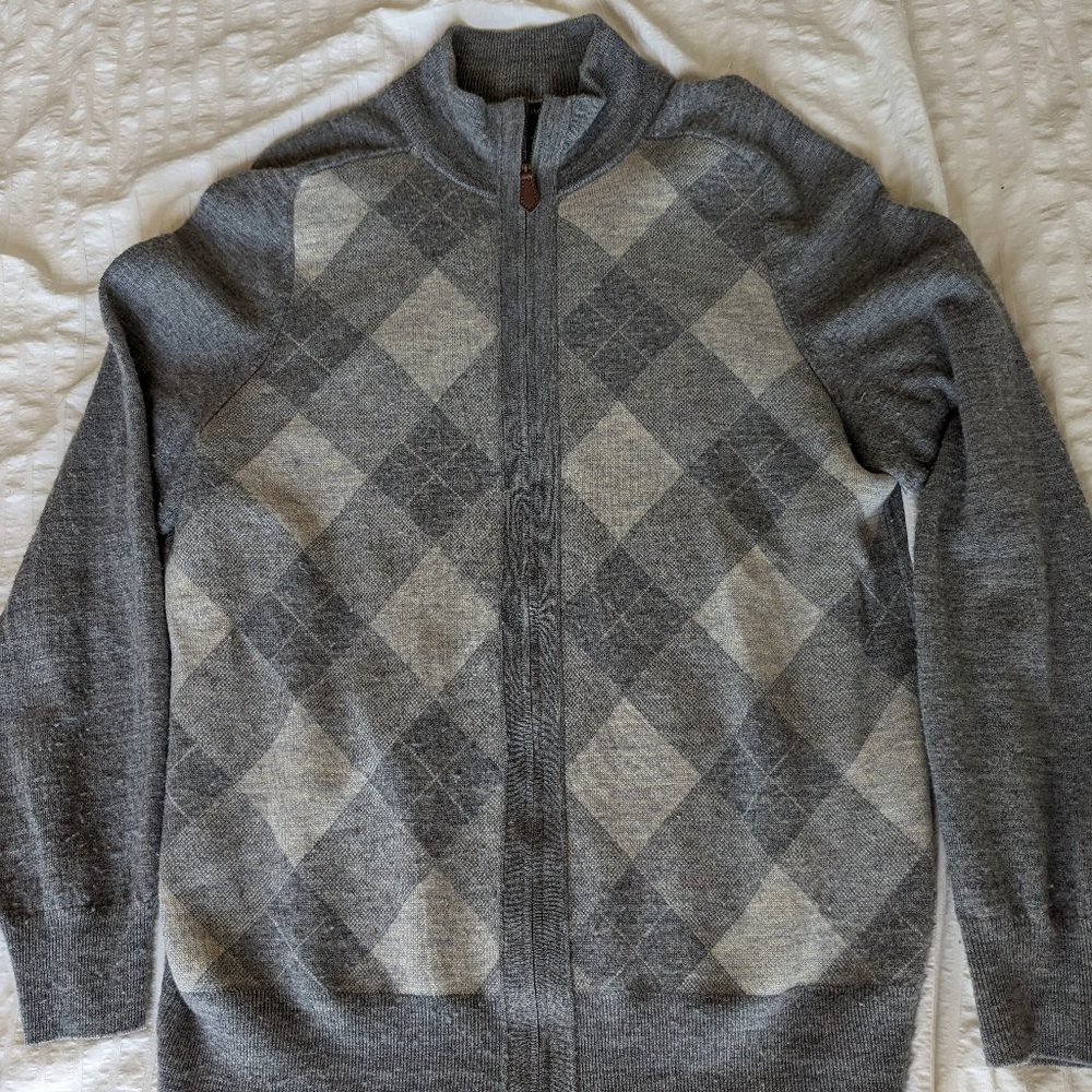 Banana Republic Full Zip Sweater Argyle Gray Merino Wool